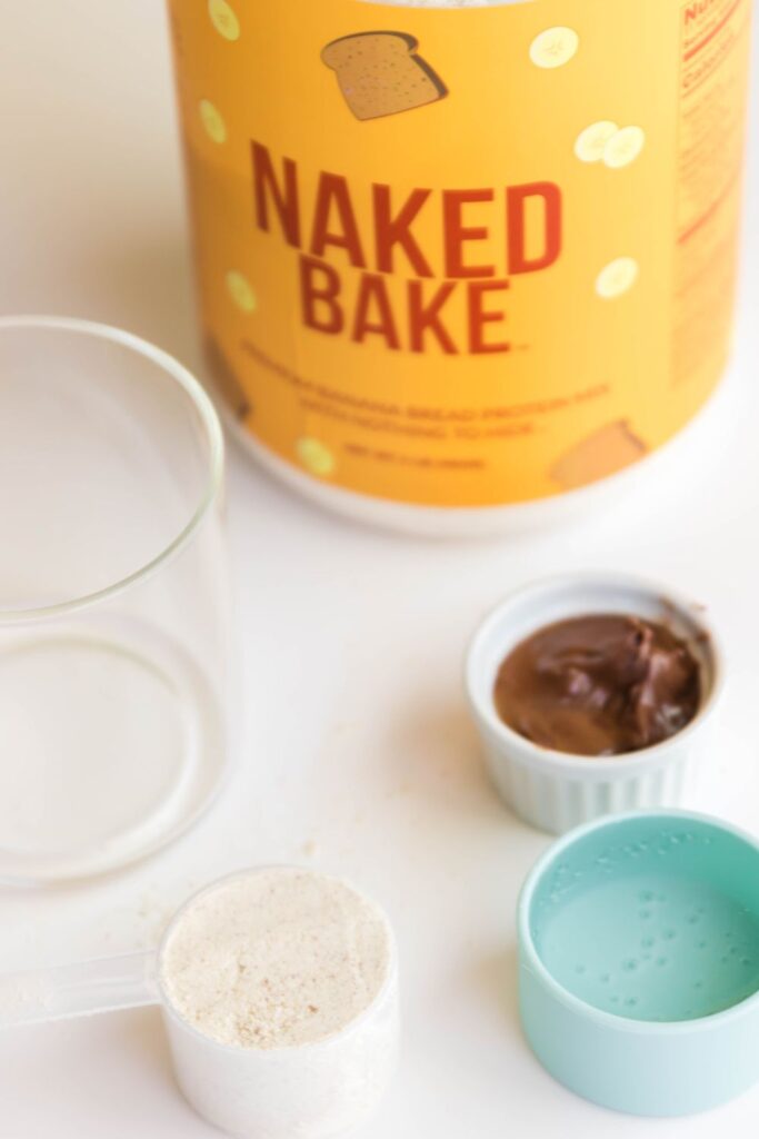 protein cake mix ingredients on white counter 