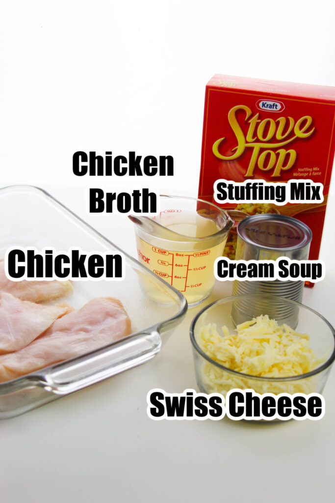 ingredients for swiss chicken bake on white counter