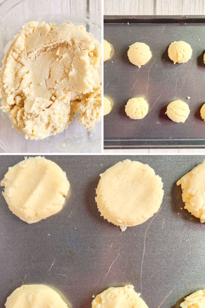 sugar cookie collage of cookie dough, and sugar cookie dough on baking sheet 