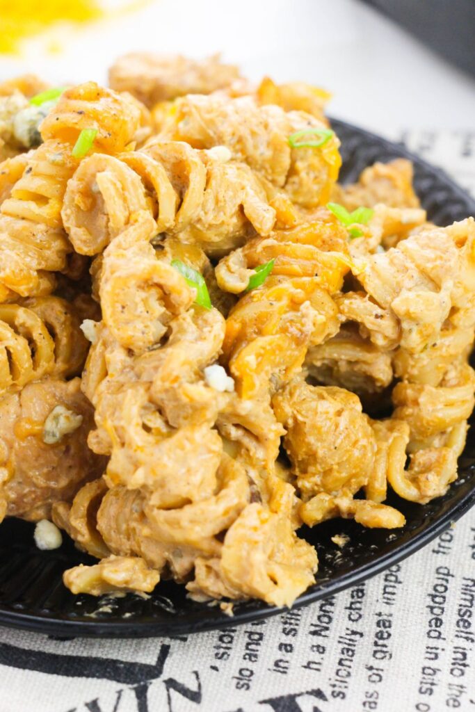 buffalo ranch chicken pasta on a plate on counter 