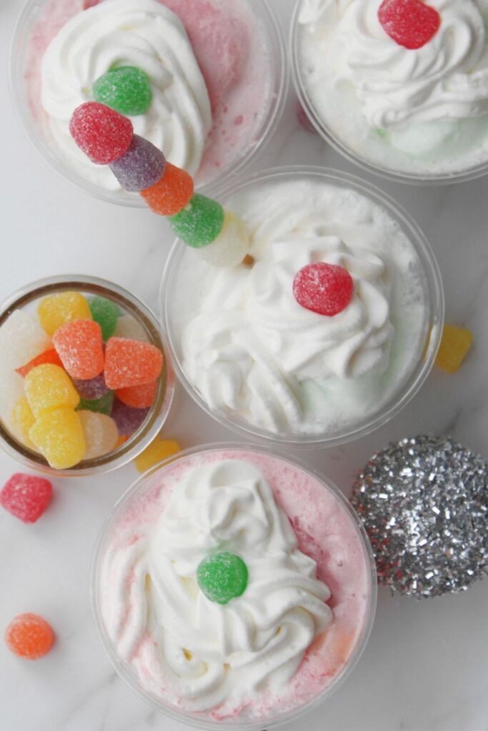 punch with sherbet on table with overhead shot of glasses