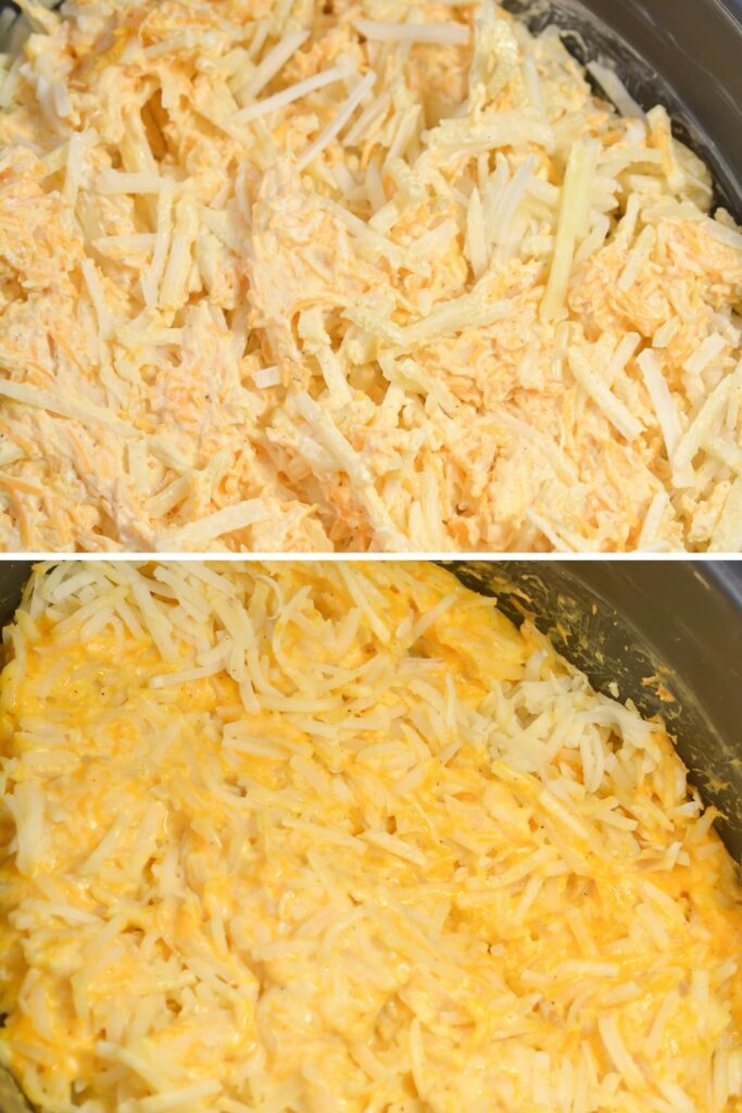 top of uncooked hashbrown casserole and bottom picture cooked potato casserole in crockpot 