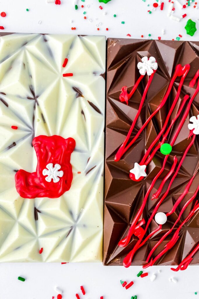 overhead shot of chocolate bars on table 