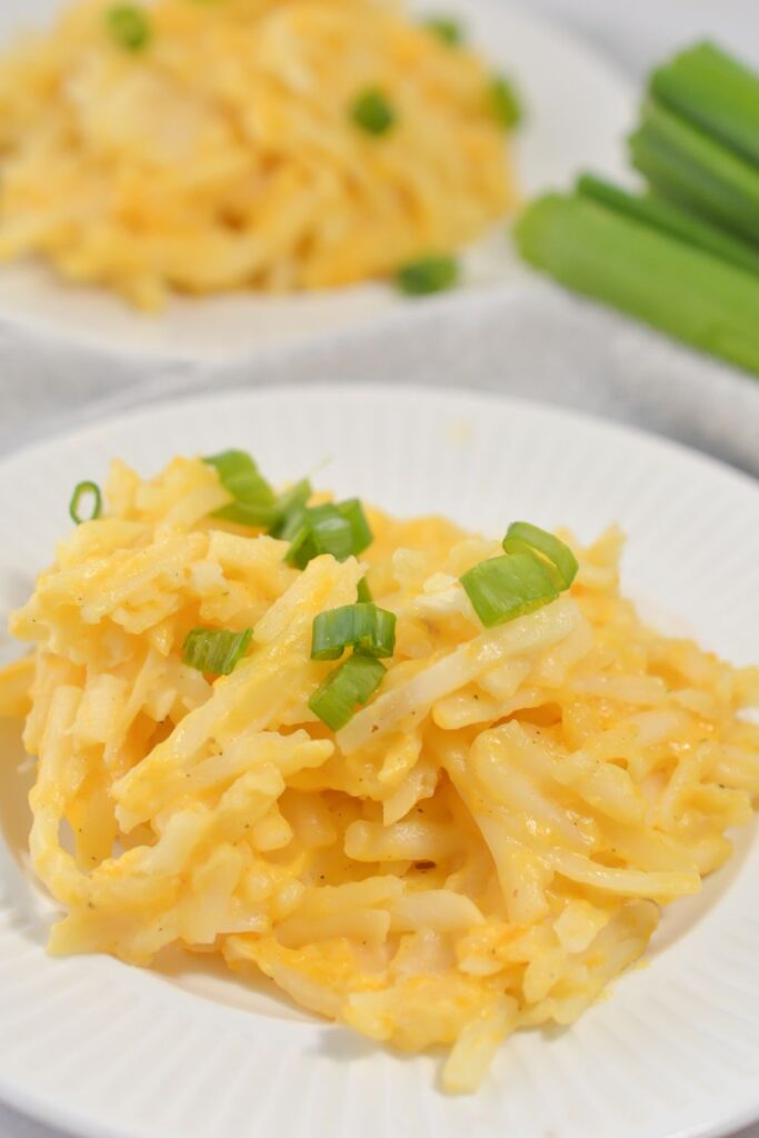 cheesy potatoes with green onions on top sitting on a plate on table 