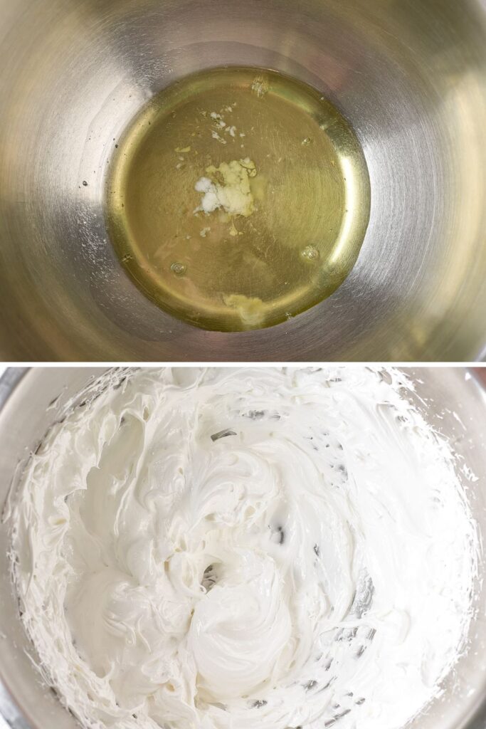 collage of showing how to whip egg whites in stand mixer