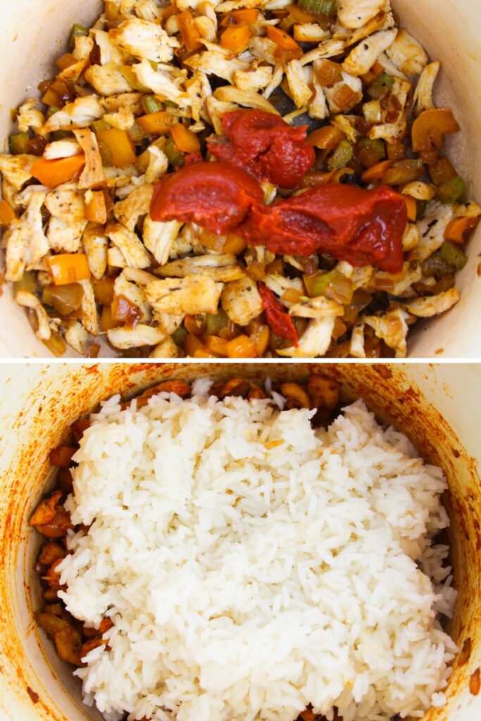 tomato paste in chicken base then bottom picture is cooked rice 