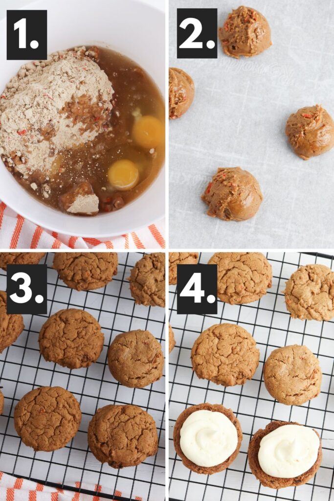 carrot cake cookie collage on how to make the cookies and frost for filling.