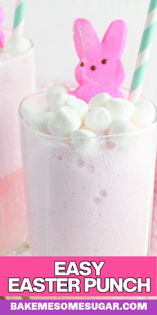 close up of glass with strawberry punch and an Easter peep and paper straw in glass