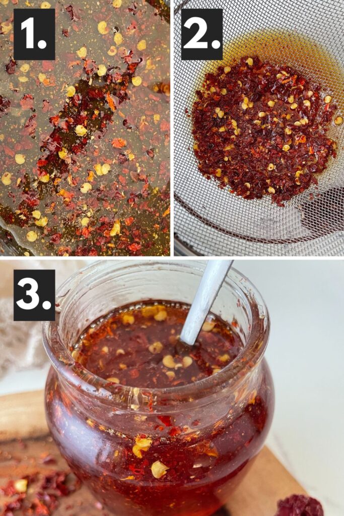 collage of how to make hot honey, and bottom image in jar 