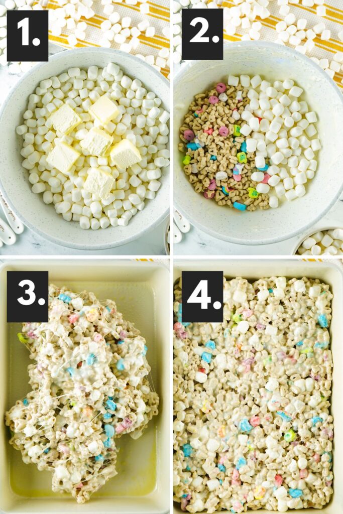 collage, showing cereal with marshmallows in bowl, then poured into pan, cut into bars.