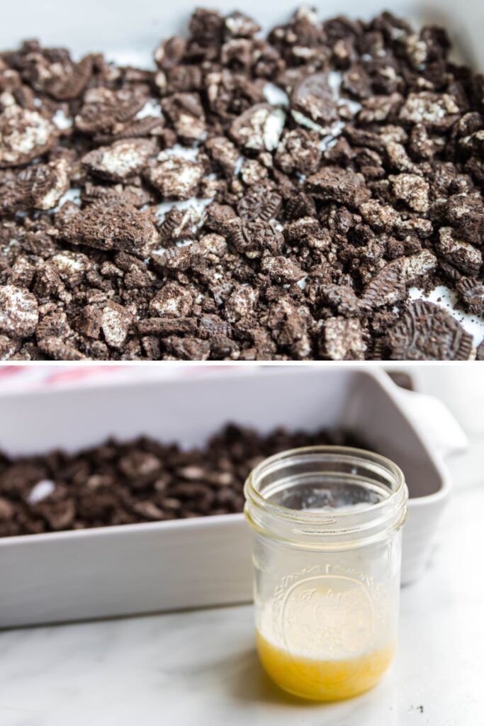 collage image. Top image is casserole dish with crushed oreos. Bottom image is a mason jar with melted butter sitting in front of the Oreo cookies in casserole dish 