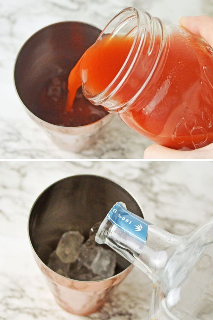 tomato juice being poured into a mixer glass and bottom image tequla being poured into glass as well