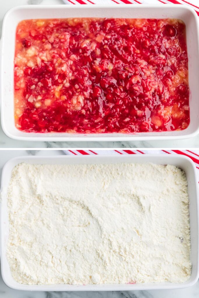 collage top one is cherry pie filling and pineapple in pan and bottom image of cake mix spread over the top