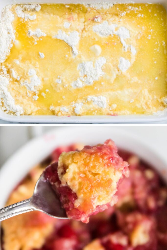 cake with butter on top and bottom image is dump cake in a bowl 