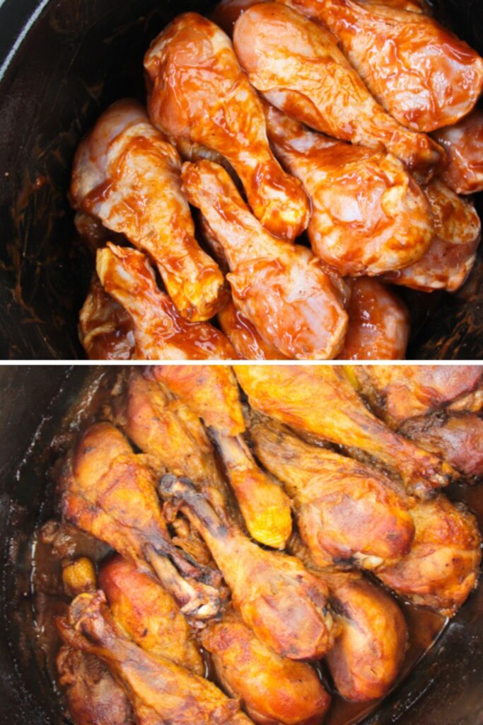 chicken legs covered in sauce in crockpot and cooked chicken legs in the bottom image 