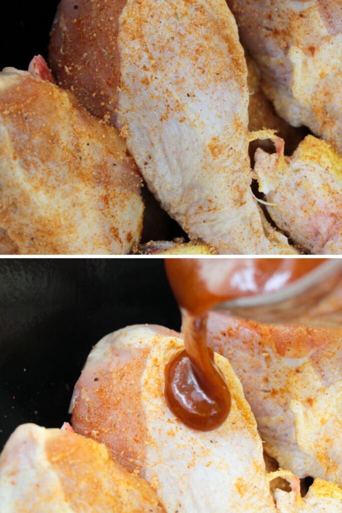 collage of seasoned drumsticks on a black crockpot. The bottom image is bbq sauce started to pour out o bottle on one of the chicken legs 