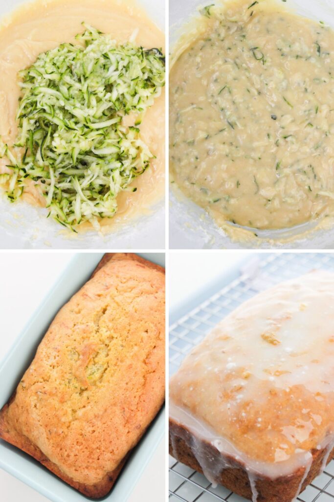 grated zucchini mixing in bread dough and then collage of bread in pan and then glazed with lemon glaze 