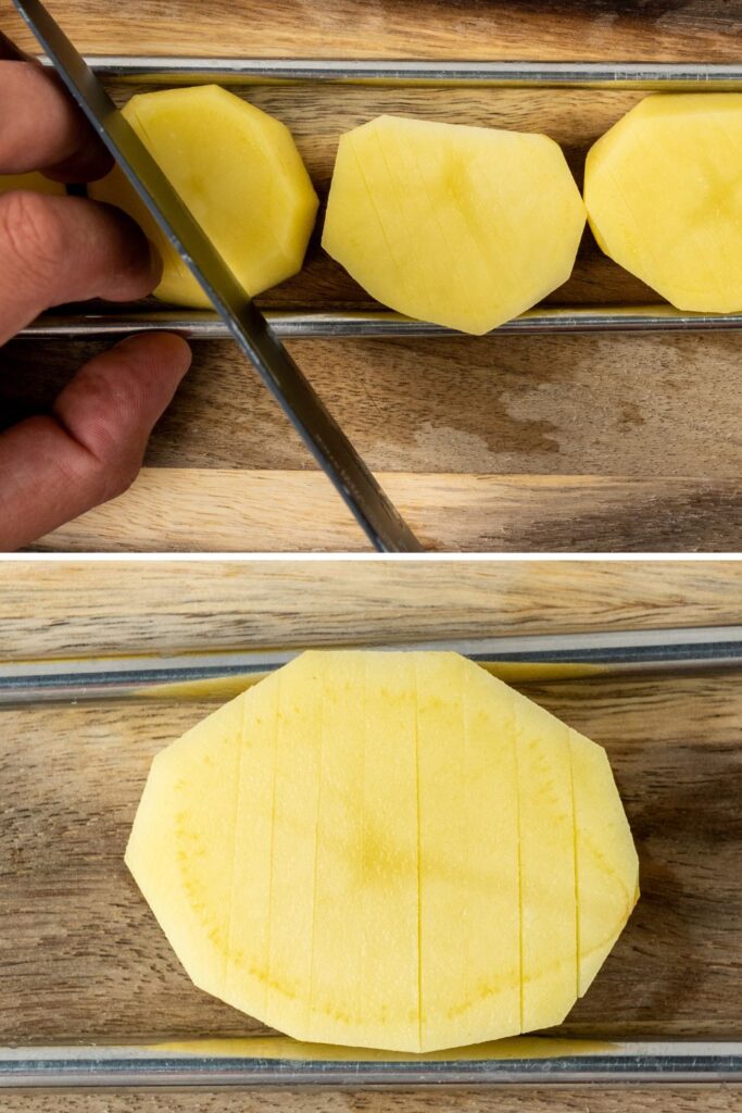 thinly slicing potatoes on a cutting board 