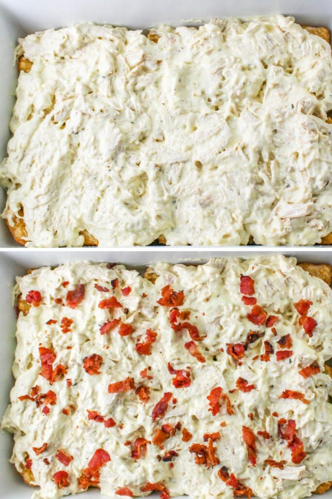 creamy mixture spread in pan, and then second image topped with bacon