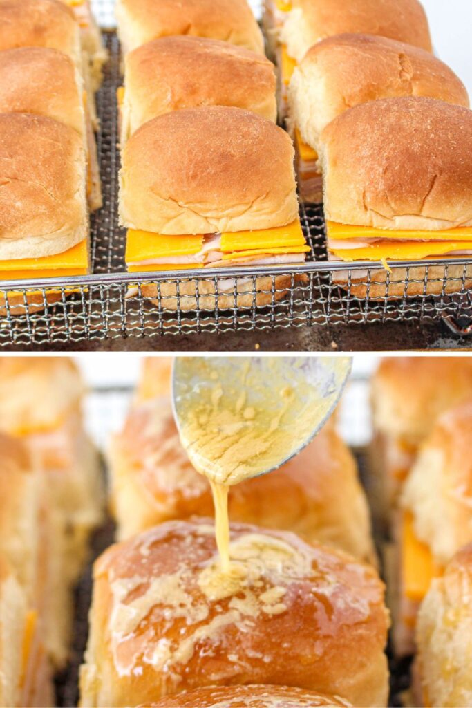 collage of sliders on a baking tray, and second image is butter pouring over the top