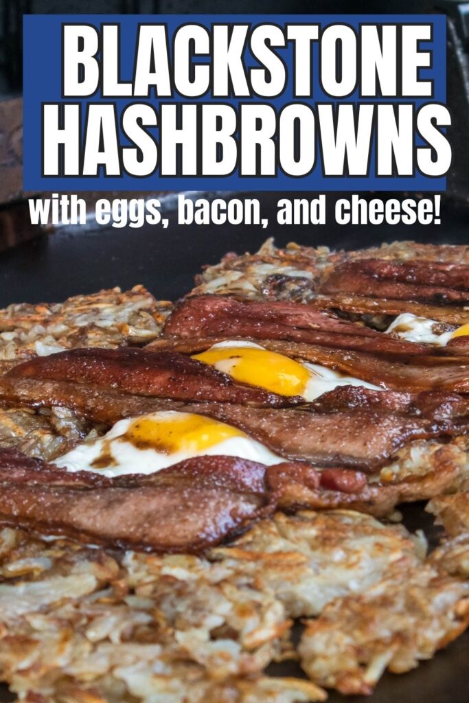 close up of hashbrowns and bacon and eggs on griddle 