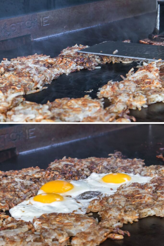 making a well to place eggs on a blackstone griddle with hashbrowns on it 
