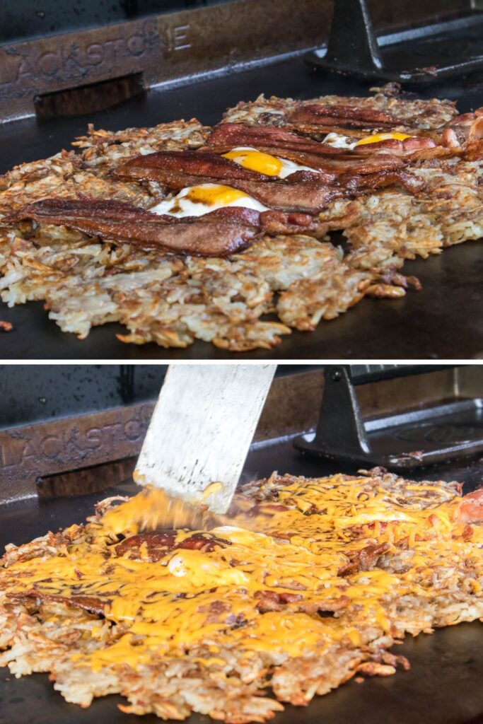 hashbrowns on griddle with bacon and eggs on top an bottom image ads cheese on top to melt down 