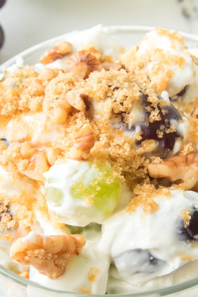 close up view of grape salad in a bowl 