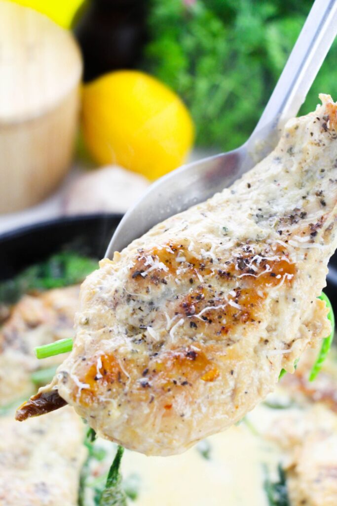 spoon with a piece of chicken on it sitting above a pan 