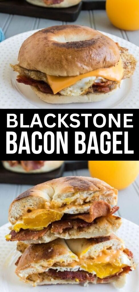 Blackstone Bacon Bagel on plate and another picture of sandwich cut in half on plate 