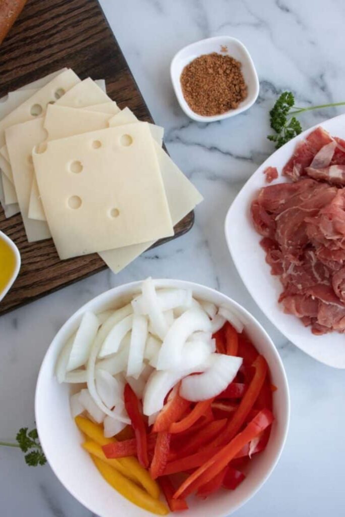 ingredients for cast iron shaved steak sandwiches