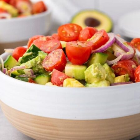 closeup of tomato and avocado salad