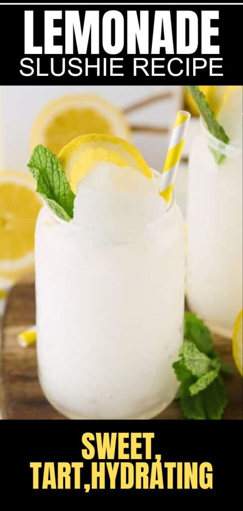 Lemonade Slushies on table with mint and lemons around table