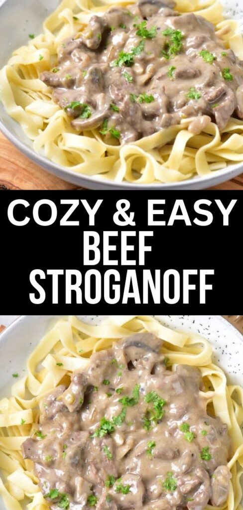 two images of noodles with beef stroganoff poured on top and garnished with parsley