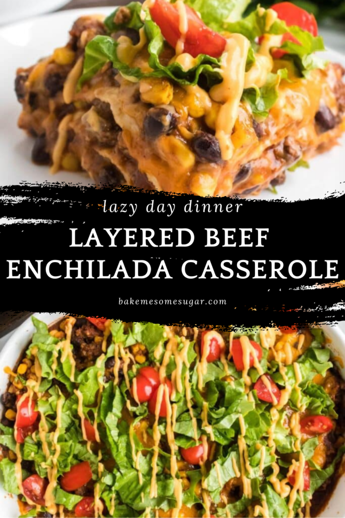 beef enchilada casserole on plate and another in a casserole pan