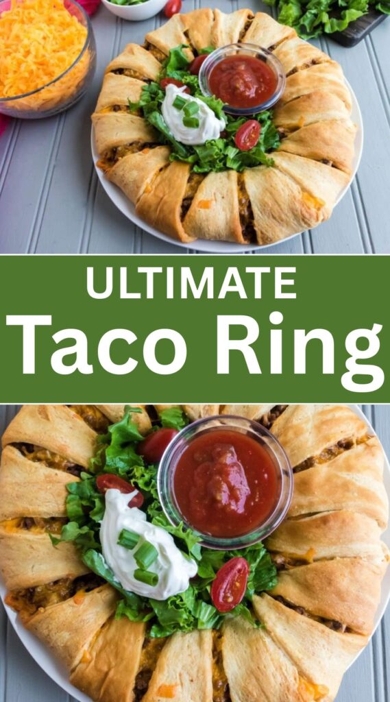 Ultimate Taco Ring on a table with a close up of the center of the filling in the ring
