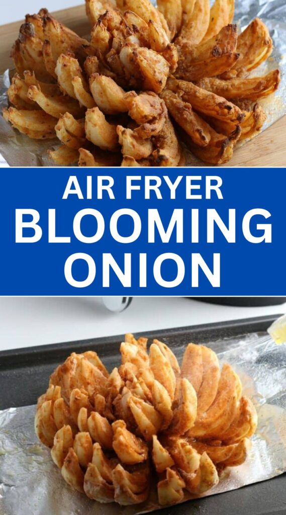 blooming onion in a collage of images showing the crispy onion