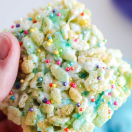 Marshmallow Peep Rice Krispies being held in a hand