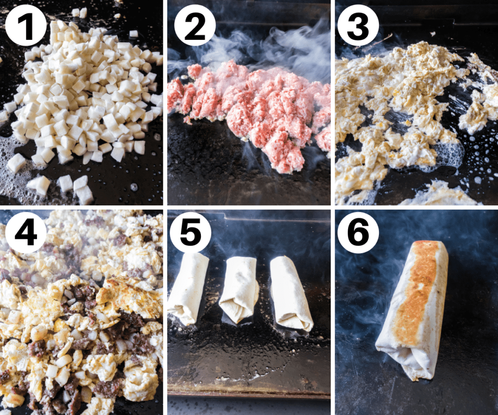 collage on how to make Blackstone Breakfast Burritos