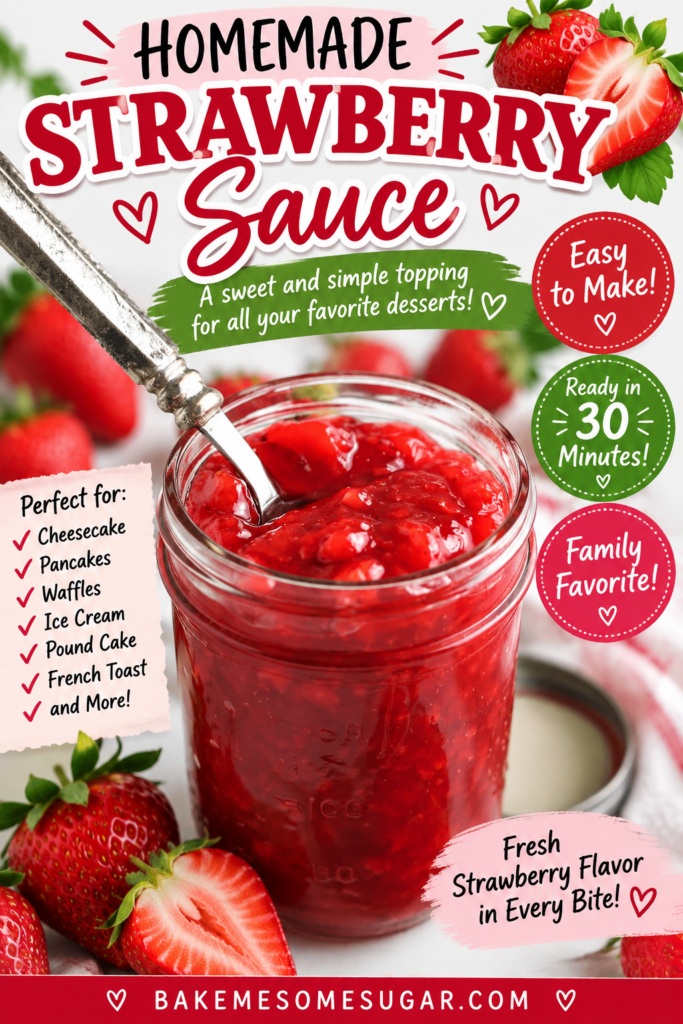 Homemade Strawberry Sauce image with words saying how good it is, easy to make, etc.